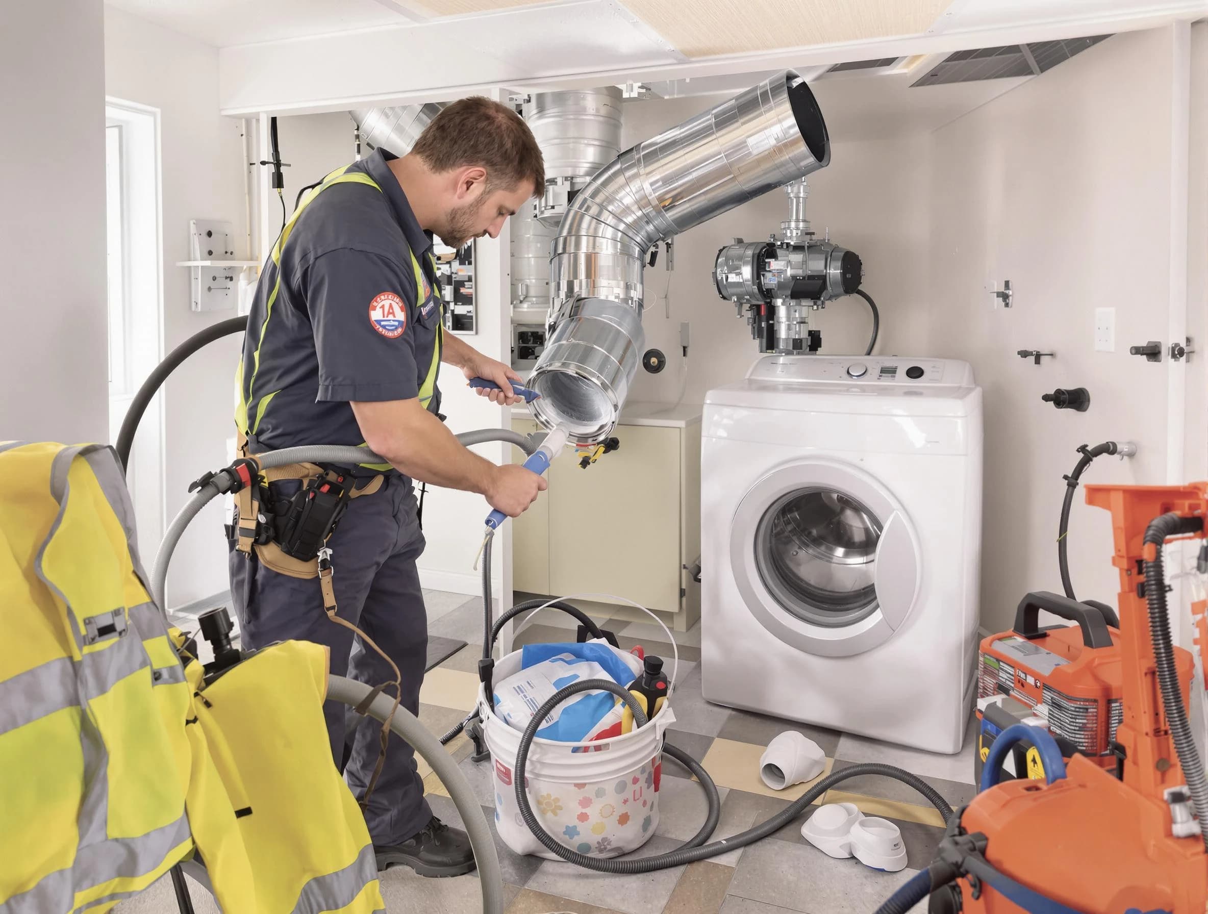 Rialto Dryer Vent Cleaning technician using specialized equipment to clear severe dryer vent blockage in Rialto